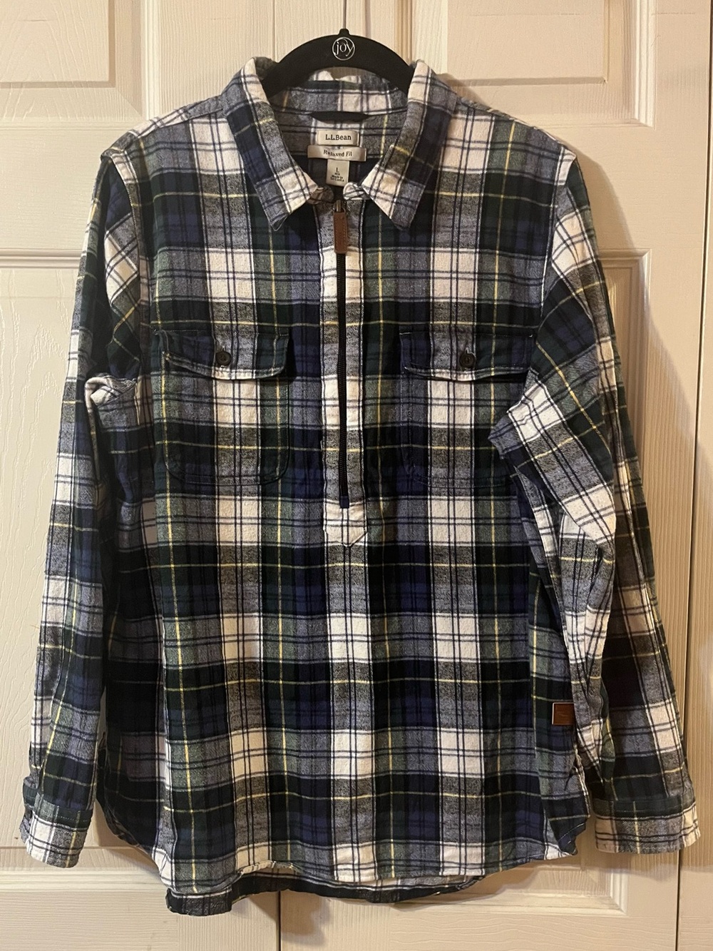 L.L. Bean Women’s Quarter Zip Blue Plaid Flannel Shirt Relaxed Fit Size Large